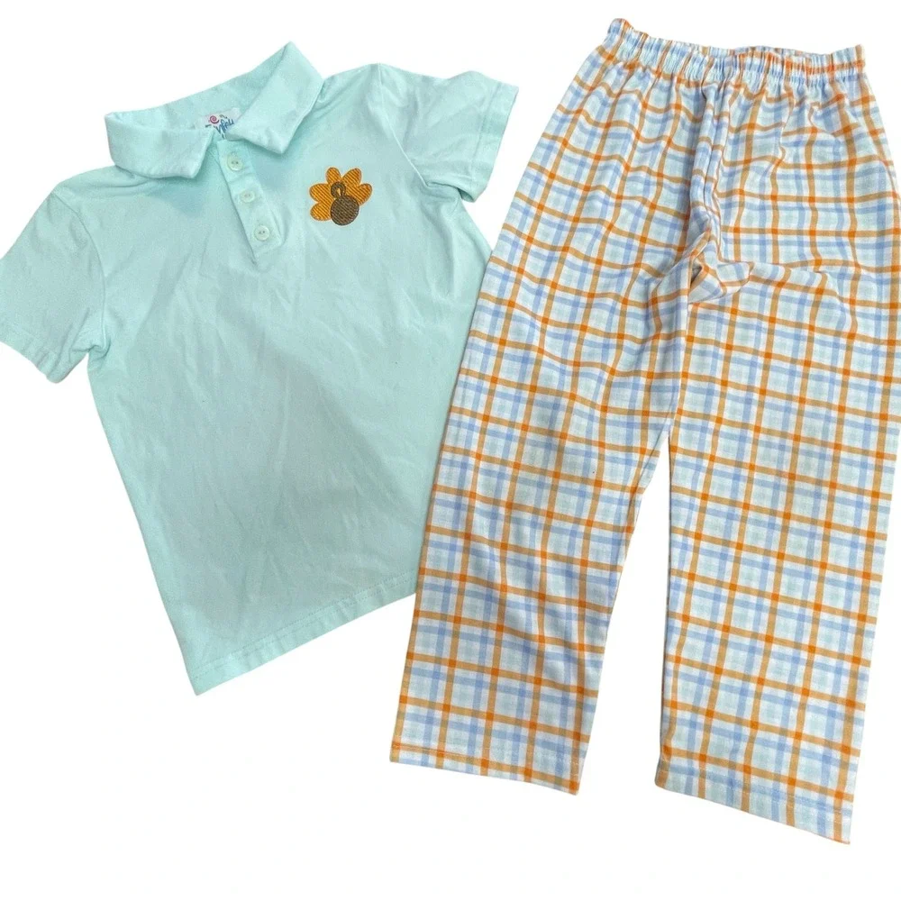 Funfetti Kids Plaid Pajama Set 4T Blue Orange Turkey Applique Polo Shirt‎